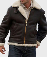 Sylvester Stallone Shearling Brown Aviator Leather Jacket Leather Jacket unisex front product view | Dash Racegear — Sylvester Stallone Brown Aviator Shearling Jacket