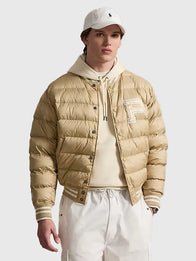 Polo Ralph Lauren The Colden Quilted Letter Jacket Jacket unisex front product view | Dash Racegear — Polo Ralph Lauren 2026 tan brown Colden quilted puffer jacket, warm streetwear with classic letter detail style.