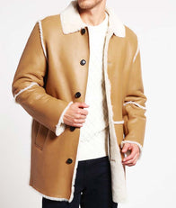 Mens Shearling Tan Brown Leather Car Coat Jacket men front product view | Dash Racegear — Shearling Tan Brown Mens Leather Car Coat