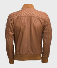 Mens Quilted Tan Brown Bomber Leather Jacket Leather Jacket men detail view 3 | Dash Racegear — Mens Bomber Leather Quilted Jacket