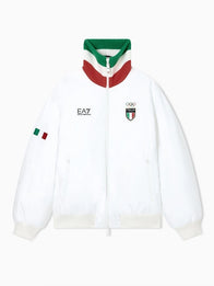 Winter Olympics 2026 Team Italy EA7 Emporio Armani Bomber Jacket Bomber Jacket unisex detail view 4 | Dash Racegear — Stay warm and stylish in this white unisex EA7 Emporio Armani Milano Cortina 2026 Team Italy full-zip bomber jacket.