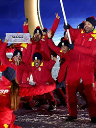 Winter Olympics 2026 Opening Ceremony Team Spain Jacket Jacket unisex detail view 2 | Dash Racegear — Cheer for Team Spain in the Milano Cortina 2026 red unisex anorak jacket during opening ceremonies.