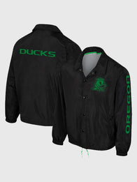 The Wild Collective Oregon Ducks Coaches Jacket Jacket unisex front product view | Dash Racegear — Show Ducks pride in The Wild Collective Black Coaches Jacket, perfect for casual wear or game-day looks.
