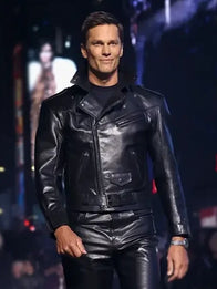 Tom Brady Debut For Gucci Jacket Jacket unisex detail view 2 | Dash Racegear — Black biker leather jacket inspired by Tom Brady x Gucci collaboration with clean and sharp styling.