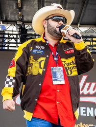 NASCAR Cup Series Cracker Barrel 400 Racing Jacket Jacket unisex front product view | Dash Racegear — Brown twill racing jacket from Cracker Barrel 400 2026 Nashville Superspeedway race week edition