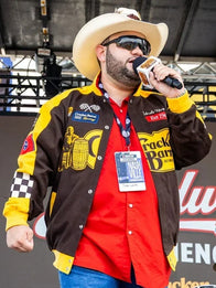 NASCAR Cup Series Cracker Barrel 400 Racing Jacket Jacket unisex front product view | Dash Racegear — Brown twill racing jacket from Cracker Barrel 400 2026 Nashville Superspeedway race week edition