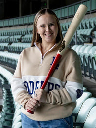 Dodgers Womens Night Quarter Zip Sweatshirt Sweatshirt unisex detail view 8 | Dash Racegear — Women’s UCLA Health Dodgers beige sweatshirt, quarter zip pullover for casual sporty everyday wear.