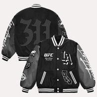 UFC 311 Los Angeles 2025 Black Varsity Jacket Varsity Jacket unisex front product view | Dash Racegear — Fight Night Jacket – UFC 311 Los Angeles Varsity Style