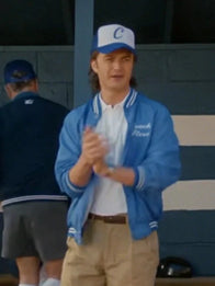 Stranger Things Steve Harrington Blue Coach Jacket Jacket unisex front product view | Dash Racegear — Recreation Stranger Things S05 blue Coach Steve bomber jacket offering relaxed fit and fan-inspired styling