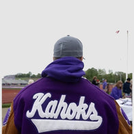 Kahoks Letterman Jacket Jacket unisex front product view | Dash Racegear — Kahoks Purple and Brown Letterman Jacket – Iconic Sports Apparel