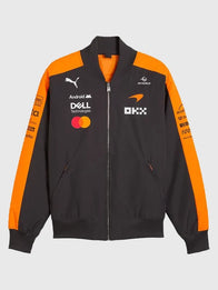 McLaren F1 PUMA 2026 Team Bomber Jacket Bomber Jacket unisex front product view | Dash Racegear — Unisex McLaren F1 PUMA 2026 black and orange bomber jacket with team branding for race-day style and streetwear.