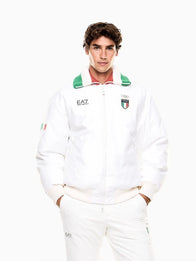 Winter Olympics 2026 Team Italy EA7 Emporio Armani Bomber Jacket Bomber Jacket unisex front product view | Dash Racegear — White unisex Team Italy bomber by EA7 Emporio Armani, Milano Cortina 2026 edition, full-zip and winter-ready.