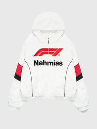 Nahmias x F1 Warm Up Race Jacket Jacket unisex front product view | Dash Racegear — Nahmias x Formula 1 white 2026 full-zip warm up jacket, sleek unisex racing-inspired streetwear for everyday and event wear