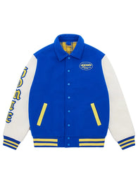 Homie x Los Angeles Rams Letterman Jacket Jacket unisex front product view | Dash Racegear — Wool Letterman 2026 Homie x Los Angeles Rams Varsity Blue Cream Jacket with Leather Sleeves and bold football heritage