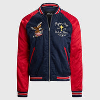Ralph Lauren US Ryder Cup Map Jacket Jacket unisex front product view | Dash Racegear — front image of red and blue Unisex Red and Navy Ryder Cup Bomber Jacket