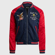 Ralph Lauren US Ryder Cup Map Jacket Jacket unisex front product view | Dash Racegear — front image of red and blue Unisex Red and Navy Ryder Cup Bomber Jacket