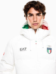 Winter Olympics 2026 Team Italy EA7 Emporio Armani Ski Puffer Jacket Puffer Jacket unisex detail view 4 | Dash Racegear — EA7 Emporio Armani white ski puffer jacket, Milano Cortina 2026 Team Italy edition, stylish insulation for winter fun.