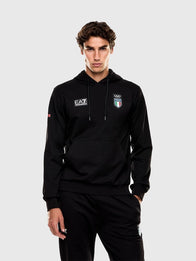 Winter Olympics 2026 Team Italy EA7 Emporio Armani Hoodie Hoodie unisex detail view 3 | Dash Racegear — Team Italy Milano Cortina 2026 Winter Olympics Fleece Pullover Hoodie by EA7 Emporio Armani, stylish black hoodie for winter sports and fans.