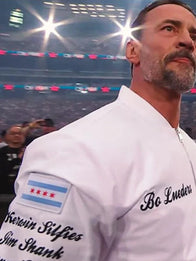 WrestleMania 42 CM Punk Jacket Jacket unisex detail view 5 | Dash Racegear — CM Punk 2026 white zip bomber jacket, WrestleMania 42 edition with clean athletic wrestling fashion vibe.
