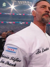 WrestleMania 42 CM Punk Jacket Jacket unisex detail view 5 | Dash Racegear — CM Punk 2026 white zip bomber jacket, WrestleMania 42 edition with clean athletic wrestling fashion vibe.