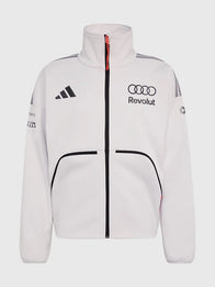 Adidas x Audi Revolut F1 Engineers & Marketing Track Jacket Jacket unisex front product view | Dash Racegear — White Adidas x Audi Revolut F1 Engineers & Marketing fleece track jacket with sleek branding for motorsport fans.