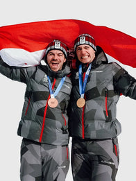 Winter Olympics 2026 Team Austria Grey Jacket Jacket unisex front product view | Dash Racegear — Grey Milano Cortina 2026 ski jumping Team Austria hooded jacket with bold event graphics for Winter Olympics fans.