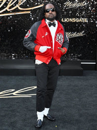 Michael 2026 Premiere Wale Jacket Jacket unisex front product view | Dash Racegear — Michael Jackson MM varsity jacket 2026 premiere event, red and black design inspired by rapper Wale fashion look.