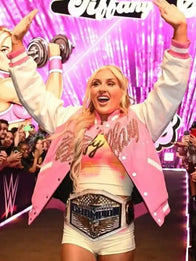 Tiffy Fanatics Fest NYC 2026 Varsity Jacket Varsity Jacket unisex front product view | Dash Racegear — Fanatics Fest NYC WWE Tiffany Stratton 2026 Pink & White Varsity Jacket with premium comfort and bold fan-inspired everyday style.