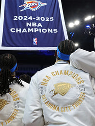 Oklahoma City Thunder 2025 Finals Champions Banner Raising Ceremony Jacket Jacket unisex detail view 9 | Dash Racegear — Nike Oklahoma City Thunder 2025 Champions white button-up Showtime varsity jacket.