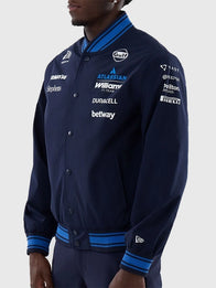 New Era x Atlassian Williams F1 Team Varsity Jacket Varsity Jacket unisex detail view 4 | Dash Racegear — Navy New Era x Atlassian varsity jacket, Williams F1 2026, relaxed fit for fans showing team pride.