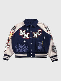 Mickey Mouse Wolves Club Rudy Letterman Jacket Jacket unisex front product view | Dash Racegear — Navy Roxy Box Cut Rudy letterman jacket designed for effortless casual style and lasting all-day comfort.