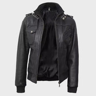 Womens Black Bomber Hooded Leather Jacket Leather Jacket women detail view 3 | Dash Racegear — Womens Bomber Black Hooded Leather Jacket