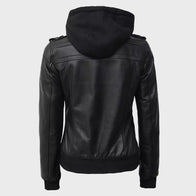 Womens Black Bomber Hooded Leather Jacket Leather Jacket women detail view 5 | Dash Racegear — Womens Bomber Black Leather Hooded Jacket