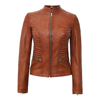 Womens Brown Biker Leather Jacket Leather Jacket women front product view | Dash Racegear — Brown Padded Biker Leather Jacket