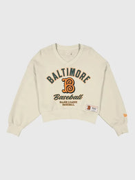 Baltimore Orioles 2026 City Connect V-Neck Sweatshirt Sweatshirt unisex front product view | Dash Racegear — Women’s Baltimore Orioles New Era Cream 2026 City Connect V-Neck Sweatshirt, soft fleece fit for cozy stadium game-day style.