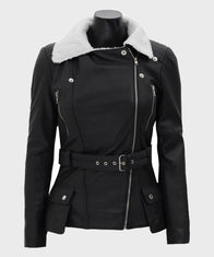Womens Shearling Black Belted Asymmetrical Biker Leather Jacket Leather Jacket women detail view 2 | Dash Racegear — Womens Black Belted Shearling Leather Jacket
