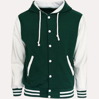 Womens Green and White Hooded Varsity Jacket Varsity Jacket women front product view | Dash Racegear — Womens Green and White Hooded Varsity Jacket