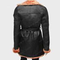 Womens Black Belted Shearling Double Breasted Leather Coat Jacket women detail view 4 | Dash Racegear — Womens Belted Shearling Leather Coat