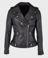 Womens Biker Black Leather Jacket Leather Jacket women front product view | Dash Racegear — Women's Asymmetrical Black Leather Biker Motorcycle Jacket