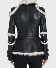 Womens Black Leather Shearling Biker Jacket Biker Jacket women detail view 3 | Dash Racegear — Black Shearling Leather Womens Biker Jacket