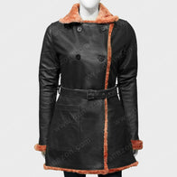 Womens Black Belted Shearling Double Breasted Leather Coat Jacket women front product view | Dash Racegear — Womens Belted Black Leather Shearling Coat for Sale