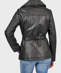 Womens Shearling Black Belted Leather Jacket Leather Jacket women detail view 2 | Dash Racegear — Black Belted Fur Collar Shearling Jacket