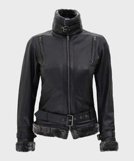 Womens Black Leather Shearling Jacket Jacket women detail view 2 | Dash Racegear — Womens Shearling Leather Black Jacket