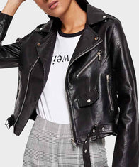 Womens Black Biker Leather Jacket Biker Jacket women front product view | Dash Racegear — Womens Black Motorcycle Leather Jacket