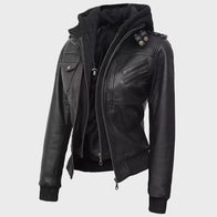 Womens Black Bomber Hooded Leather Jacket Leather Jacket women front product view | Dash Racegear — Women Bomber Leather Black Jacket