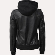 Womens Black Hooded Bomber Leather Jacket Leather Jacket women detail view 3 | Dash Racegear — Womens Black Hooded Bomber Leather Jacket with Removeable Hood