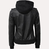 Womens Black Hooded Bomber Leather Jacket Leather Jacket women detail view 3 | Dash Racegear — Womens Black Hooded Bomber Leather Jacket with Removeable Hood