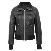 Womens Black Bomber Leather Jacket Bomber Jacket women front product view | Dash Racegear — Black Bomber Leather Jacket