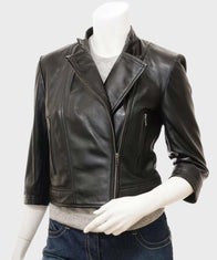 Womens Black Cropped Leather Jacket Biker Jacket women front product view | Dash Racegear — Womens Black Biker Cropped Leather Jacket