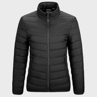 Women’s Black Down Jacket Jacket women front product view | Dash Racegear — Women's Black Puffer Zip-up Down Jacket